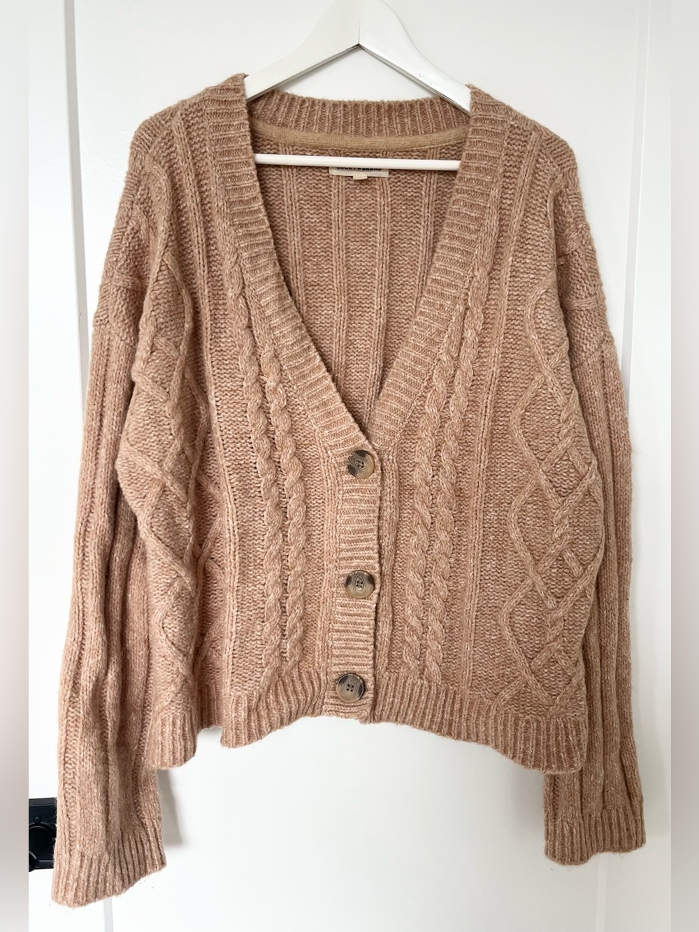 Lucky Brand Womens XL Cable Knit Chunky V Neck Cardigan Sweater Tan Beige Cozy